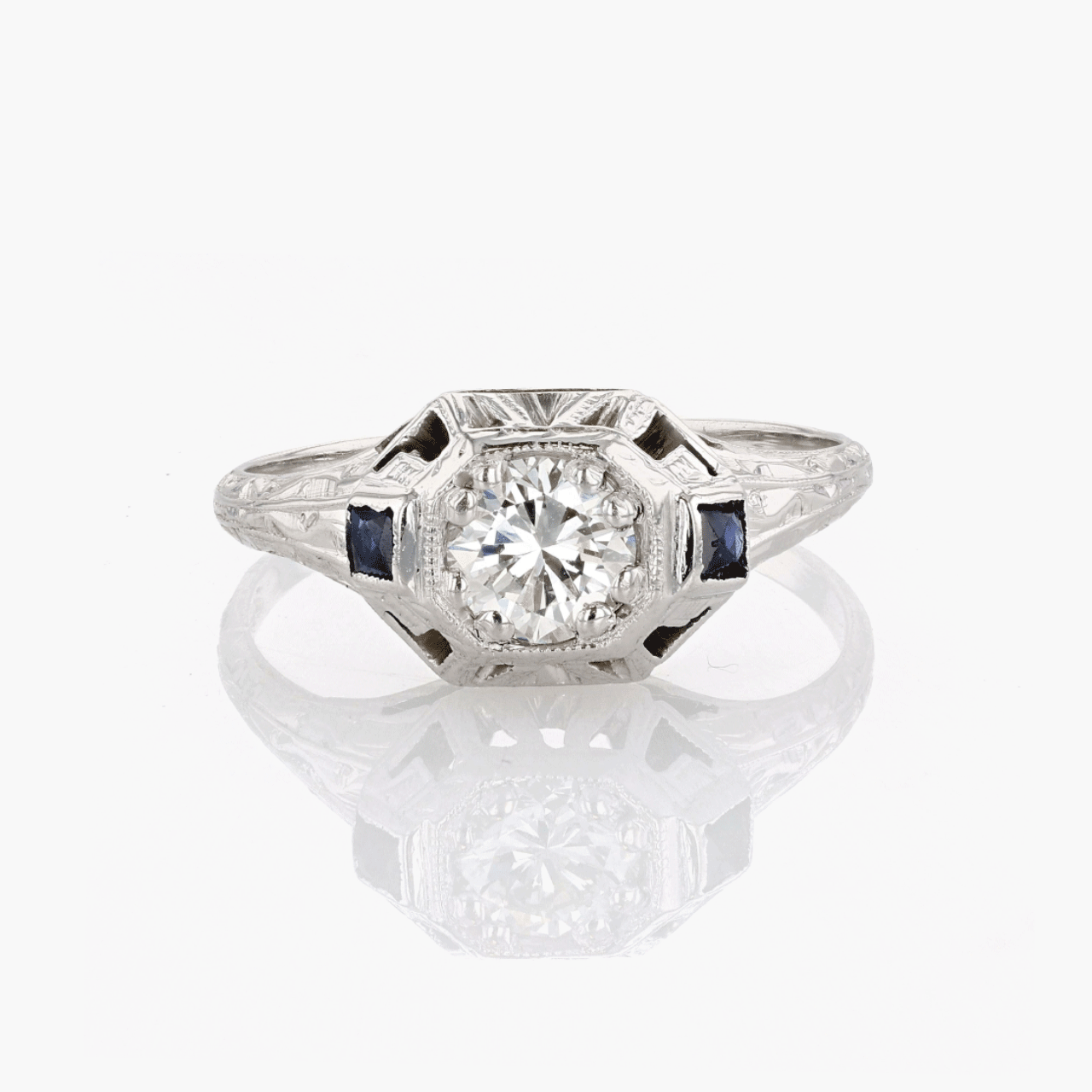 White Gold, Diamond, and Synthetic Sapphire Engagement Ring
