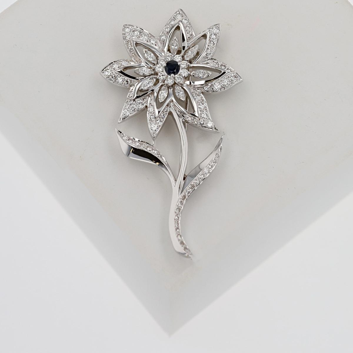Flower Pin With Diamonds & Sapphires