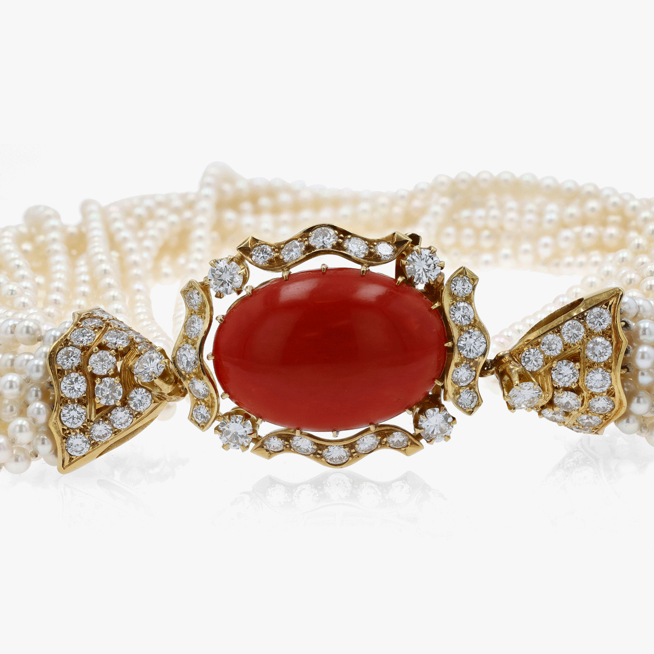 Gold, Diamond, Coral, and Pearl Torsade Necklace