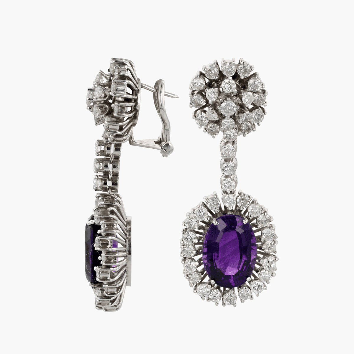 White Gold, Amethyst, and Diamond Drop Earrings