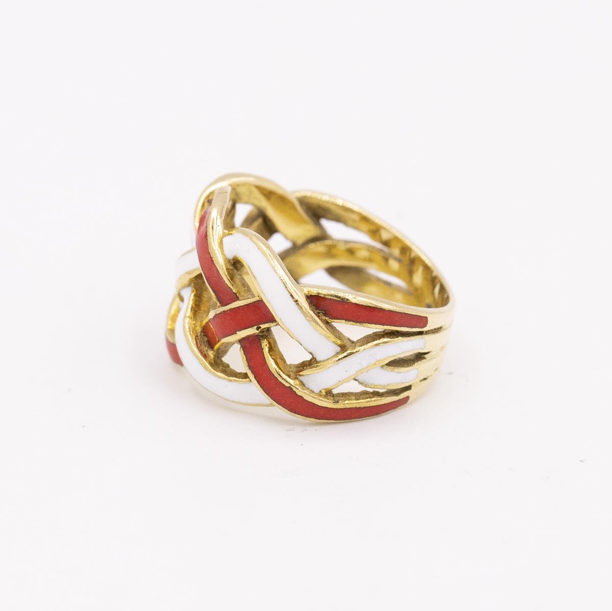 18KT Gold Red and White Enamel Ribbon Ring