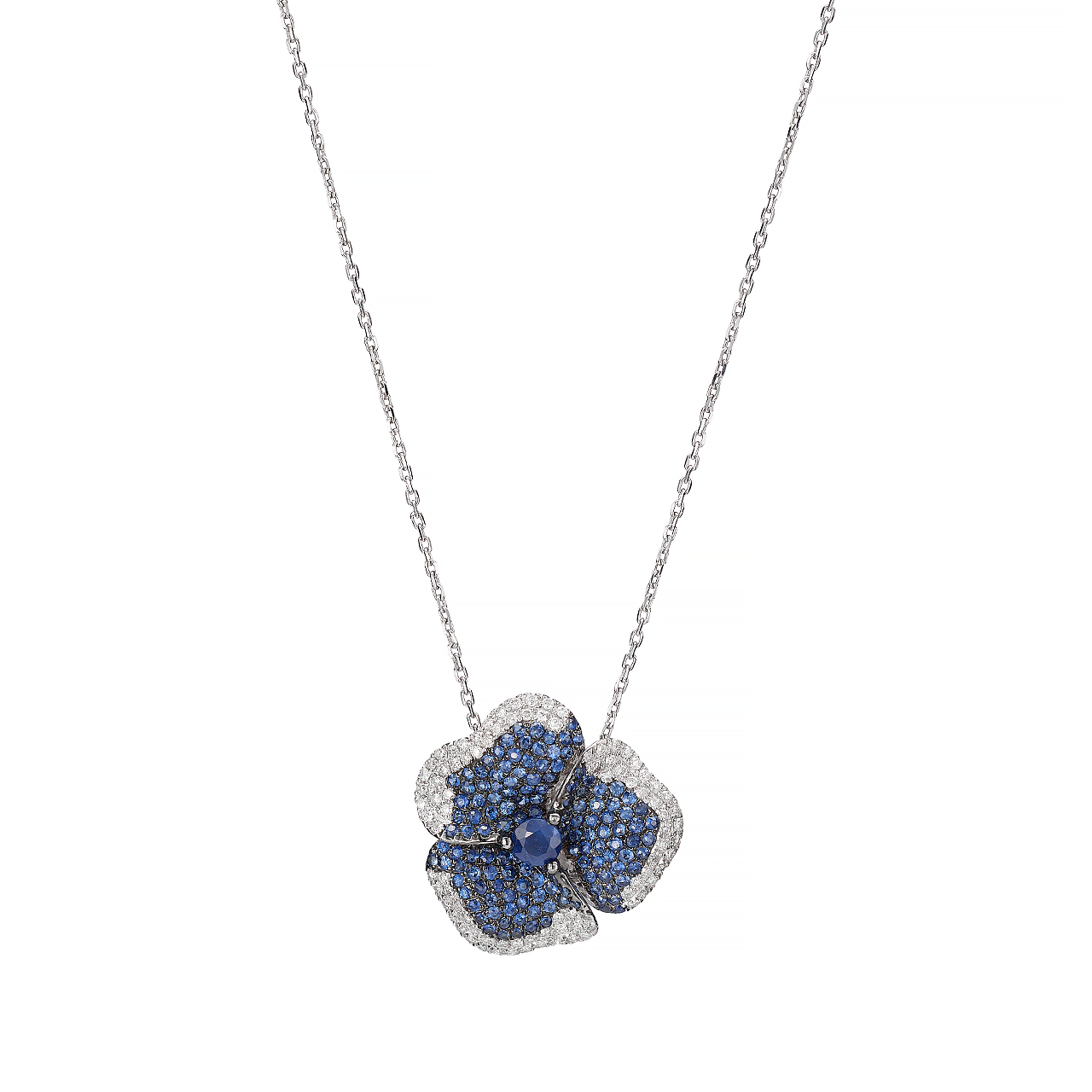White Gold, Sapphire, and Diamond Flower Pendant