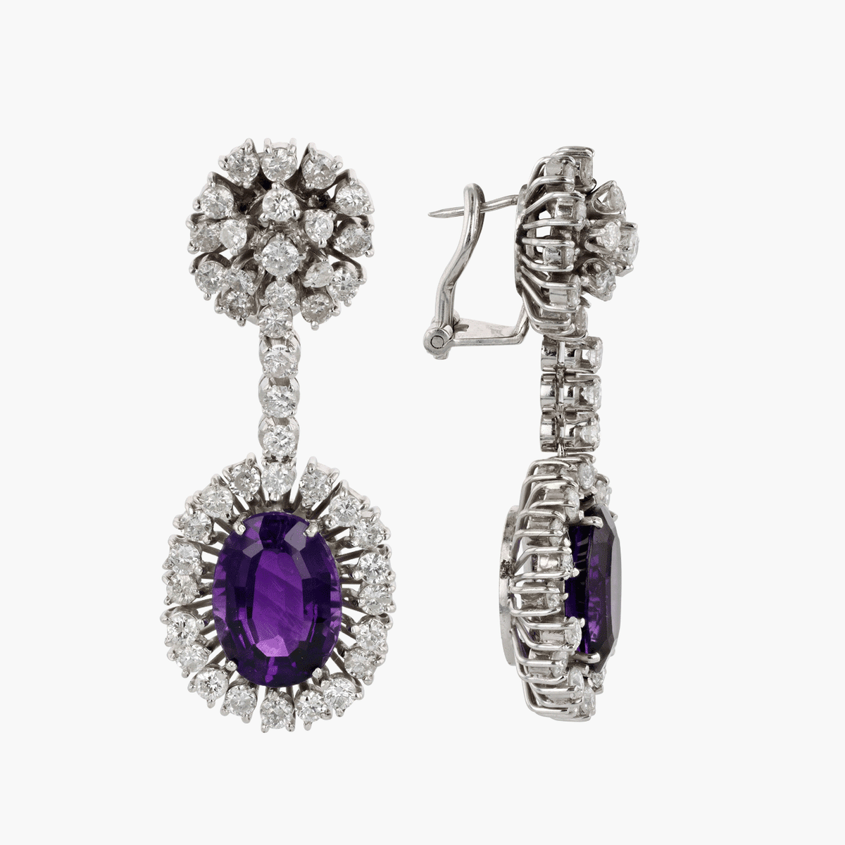 White Gold, Amethyst, and Diamond Drop Earrings