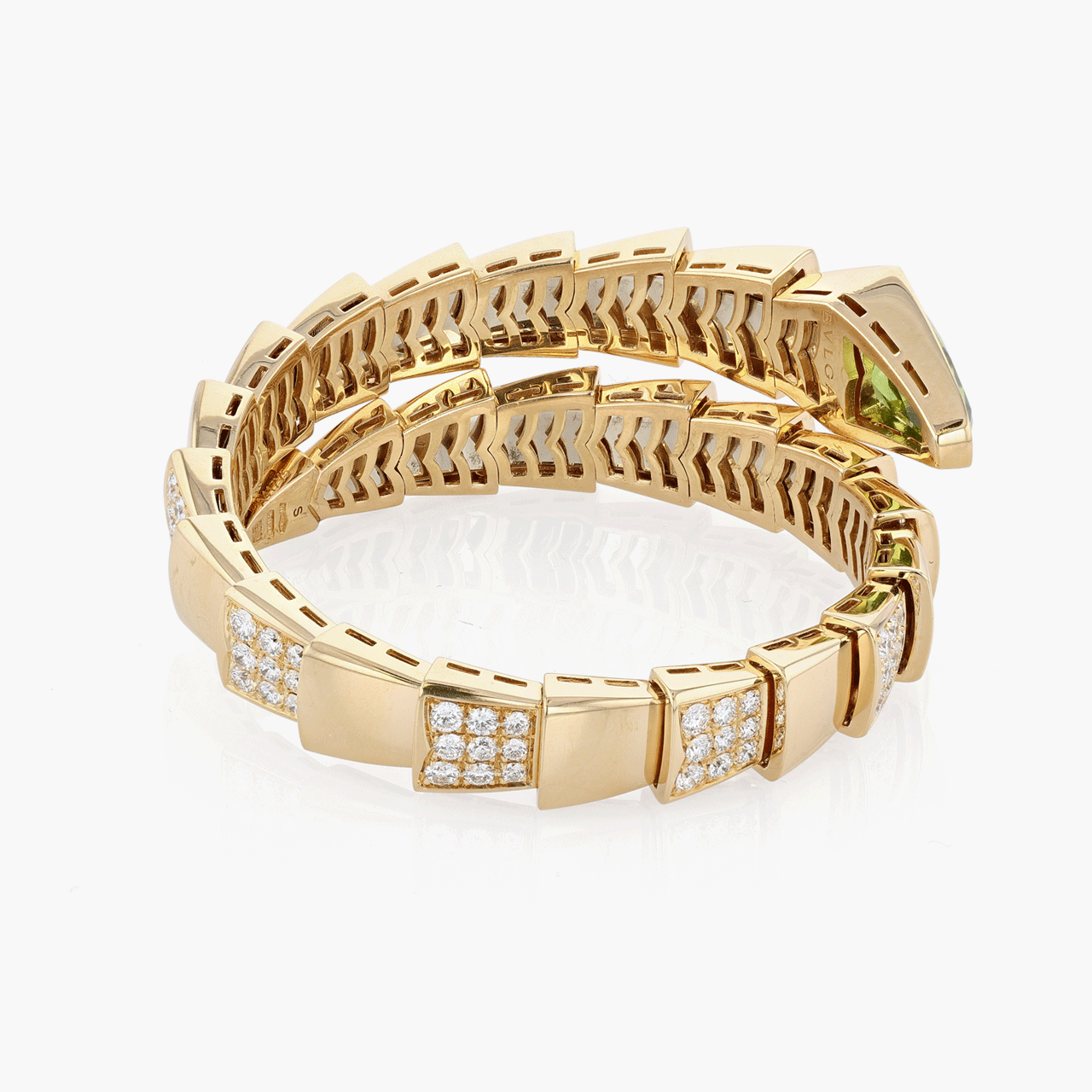 Vintage Bulgari 18k Yellow Gold Peridot and Diamond Serpenti Bracelet