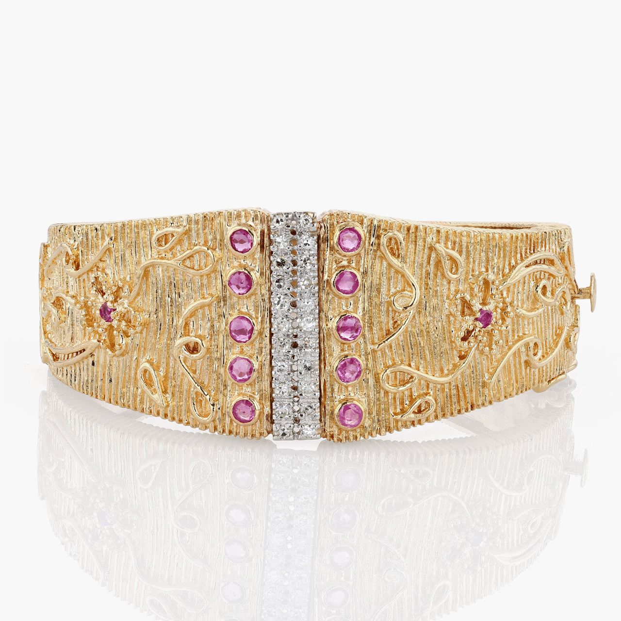 Vintage 14k Gold Pink Sapphire and Diamond Bangle