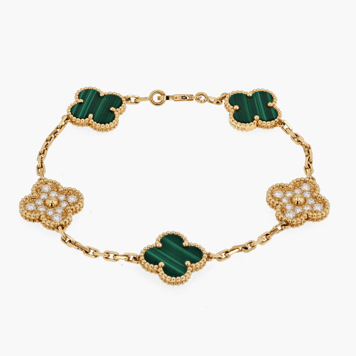 Van Cleef & Arpels Gold, Diamond, and Malachite Five Motif Alhambra Bracelet