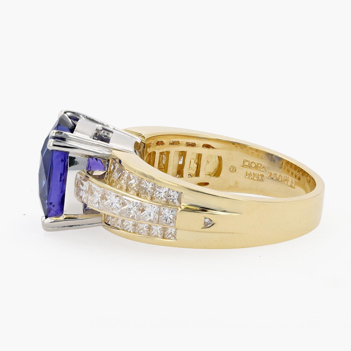 Vintage 18KT Yellow Gold Platinum Tanzanite and Diamond Three Row Ring