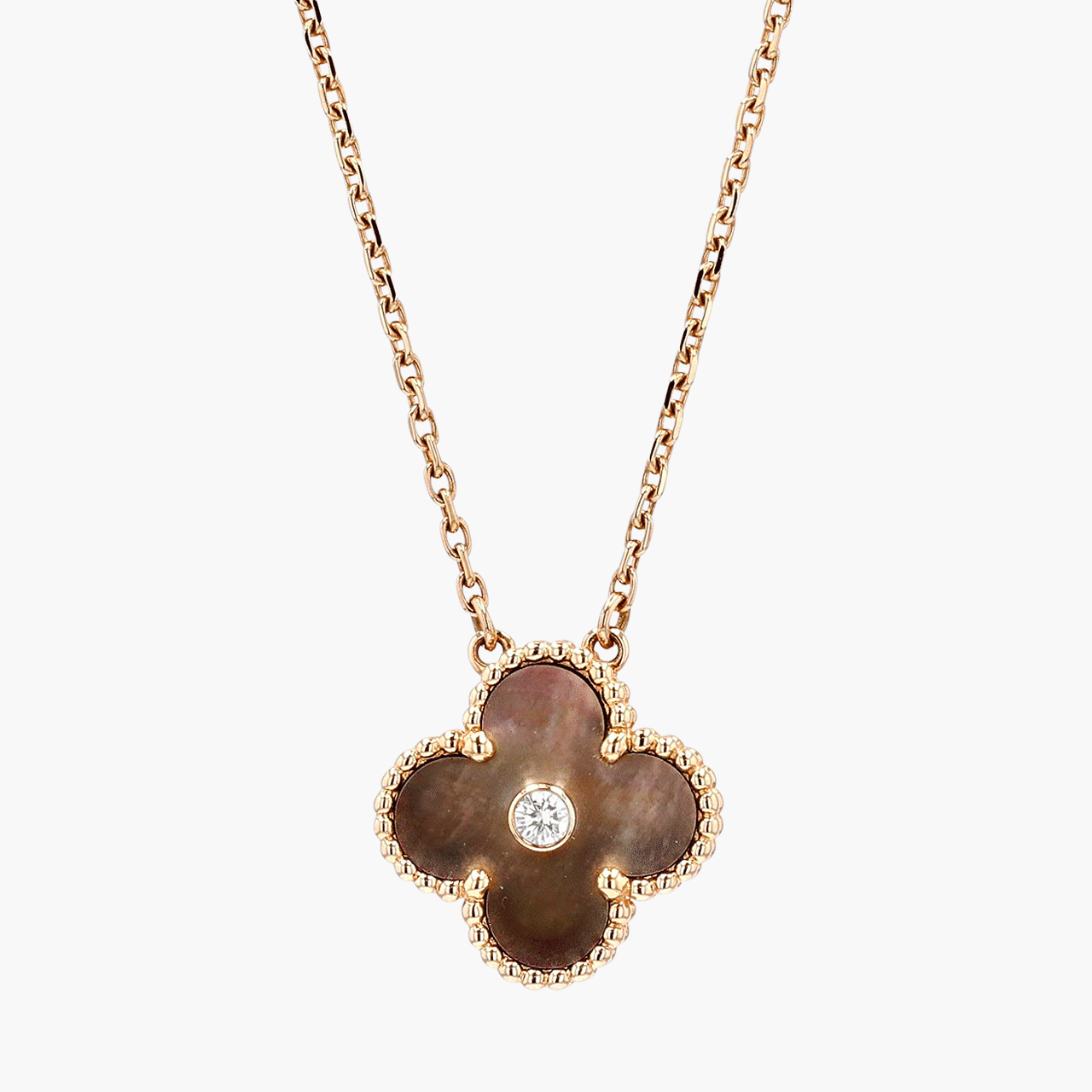 Vintage Van Cleef and Arpels 18k Rose Gold Alhambra Black MOP Diamond Necklace
