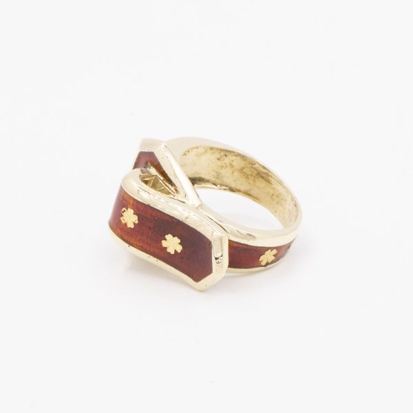 14KT YELLOW GOLD RED ENAMEL BUCKLE RING